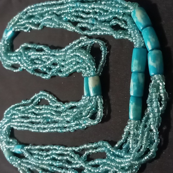 Long or layered glass seed bead aquamarine necklace 48 inches long - Picture 4 of 9